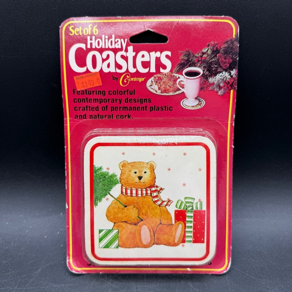 VTG Teddy Bear Cork Back Coasters SET (6) Christmas Holiday Barware Conimar